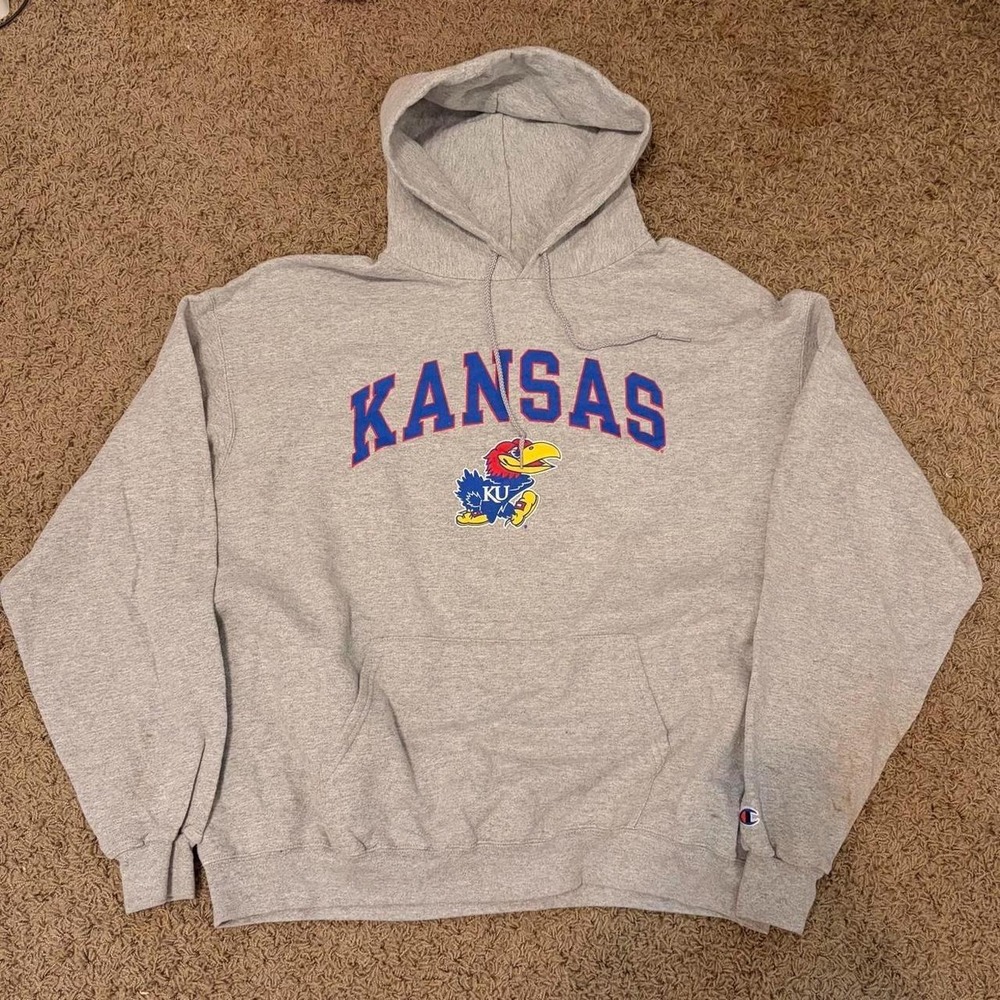 Champion University of Kansas Jayhawks Hoodie Grey Sweatshirt Mens 2XL